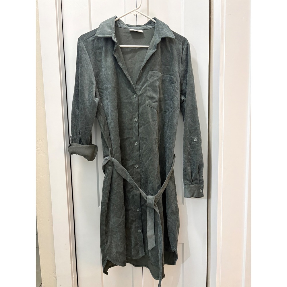Gina Benotti Sage Green Corduroy Button Down Belted Shirt Dress Size M